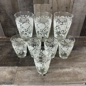 Set of‎ 8 MCM LACE Highball Glasses White Stenciled Floral Lace Gold Trim